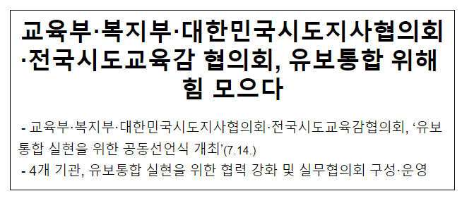교육부·복지부·대한민국시도지사협의회·전국시도교육감 협의회, 유보통합 위해 힘 모으다 교육부·복지부·대한민국시도지사협의회·전국시도교육감 협의회, 유보통합 위해 힘 모으다