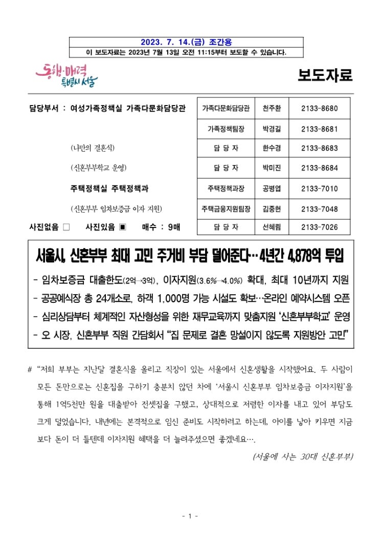  서울시,신혼부부 최대 고민 주거비 부담 덜어준다.