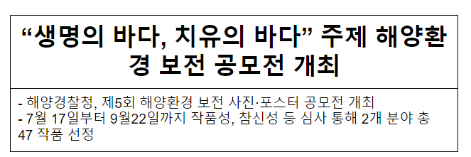 “생명의 바다, 치유의 바다” 주제 해양환경 보전 공모전 개최 “생명의 바다, 치유의 바다” 주제 해양환경 보전 공모전 개최