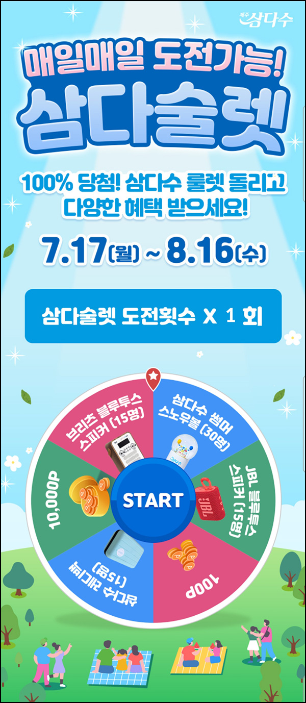 삼다수 룰렛이벤트(적립금 및 경품)즉당,전원~08.16 삼다수 룰렛이벤트(적립금 및 경품)즉당,전원~08.16