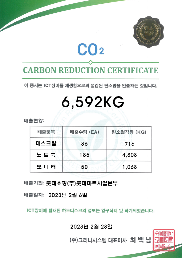  롯데쇼핑(주) 롯데마트사업본부, 그리니시스템과 함께하는 대규모 ICT 장비 재생으로 6,592kg의 탄소 절감