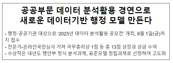공공부문 데이터 분석활용 경연으로 새로운 데이터기반 행정 모델 만든다(통합데이터분석센터) 공공부문 데이터 분석활용 경연으로 새로운 데이터기반 행정 모델 만든다(통합데이터분석센터)