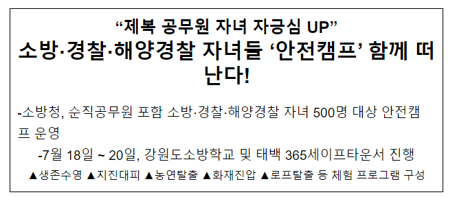 자긍심 UP! 소방, 경찰, 해경 제복공무원 자녀들 안전캠프 함께 떠난다 자긍심 UP! 소방, 경찰, 해경 제복공무원 자녀들 안전캠프 함께 떠난다