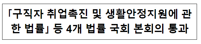 “구직자 취업촉진 및 생활안정지원에 관한 법률” 등 4개 법률 국회 본회의 통과 “구직자 취업촉진 및 생활안정지원에 관한 법률” 등 4개 법률 국회 본회의 통과
