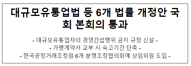 대규모유통업법 등 6개 법률 개정안 국회 본회의 통과 대규모유통업법 등 6개 법률 개정안 국회 본회의 통과