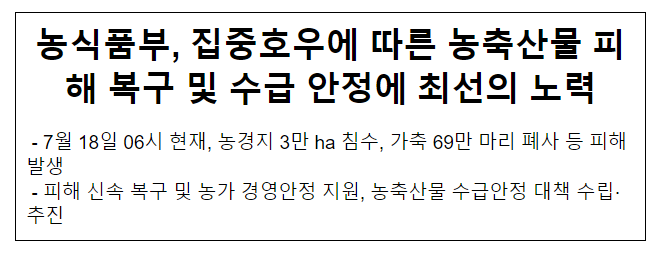 농식품부, 집중호우에 따른 농축산물 피해 복구 및 수급 안정에 최선의 노력 농식품부, 집중호우에 따른 농축산물 피해 복구 및 수급 안정에 최선의 노력