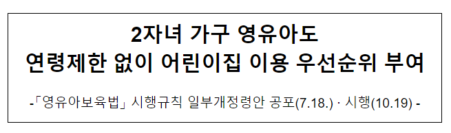 2자녀 가구 영유아도 연령제한 없이 어린이집 이용 우선순위 부여 2자녀 가구 영유아도 연령제한 없이 어린이집 이용 우선순위 부여