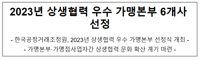 2023년 상생협력 우수 가맹본부 6개사 선정