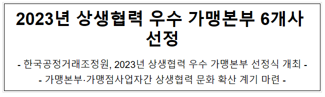 2023년 상생협력 우수 가맹본부 6개사 선정 2023년 상생협력 우수 가맹본부 6개사 선정