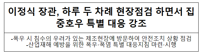이정식 장관, 하루 두 차례 현장점검 하면서 집중호우 특별 대응 강조 이정식 장관, 하루 두 차례 현장점검 하면서 집중호우 특별 대응 강조