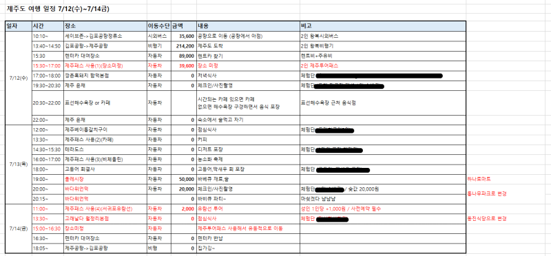 여행계획 엑셀 양식 2박 3일 제주도 여행 일정, 경비 엑셀표 공유