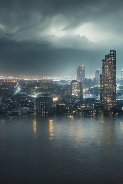  [Ai Greem] 배경_전경 165: Commercially available illustration of a heavy rainy cityscape, rainy day