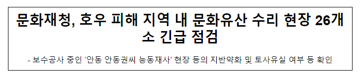 문화재청, 호우 피해 지역 내 문화유산 수리 현장 26개소 긴급 점검