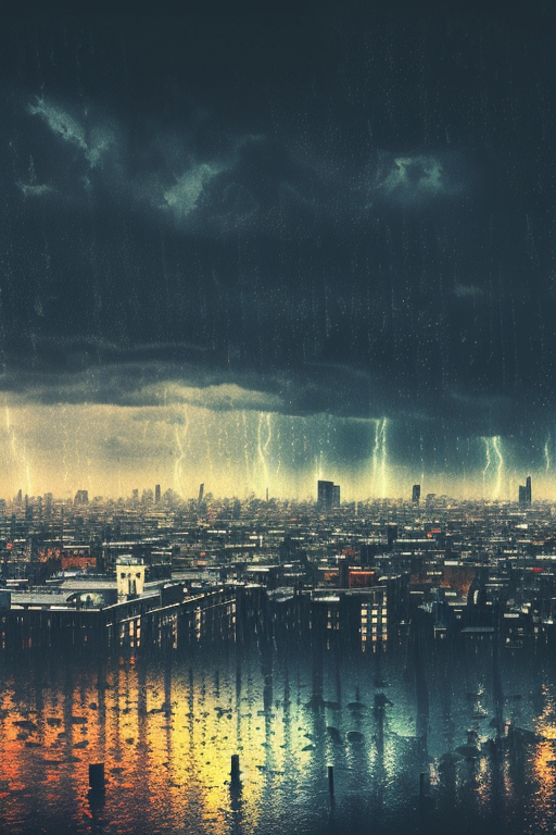 [Ai Greem] 배경_전경 163: 폭우가 내리는 도시의 모습, 장마철 도시 전경 무료 이미지, 먹구름이 낀 도시 썸네일