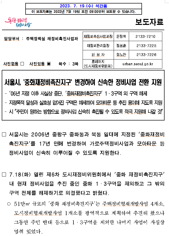 서울시, '중화재정비촉진지구' 변경하여 신속한 정비사업 전환 지원 서울시, '중화재정비촉진지구' 변경하여 신속한 정비사업 전환 지원