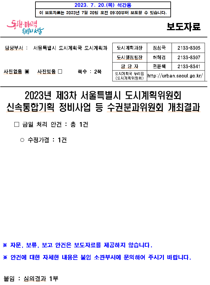 2023년 제3차 서울특별시 도시계획위원회 신속통합기획 정비사업 등 수권분과위원회 개최결과 2023년 제3차 서울특별시 도시계획위원회 신속통합기획 정비사업 등 수권분과위원회 개최결과