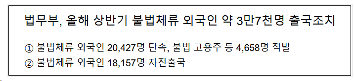 법무부, 올해 상반기 불법체류 외국인 약 3만7천명 출국조치 법무부, 올해 상반기 불법체류 외국인 약 3만7천명 출국조치