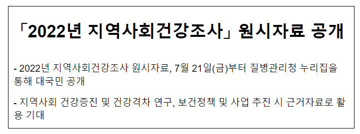 「2022년 지역사회건강조사」 원시자료 공개(7.21.금) 「2022년 지역사회건강조사」 원시자료 공개(7.21.금)