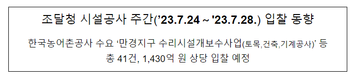 시설공사 주간(’23.7.24~’23.7.28.) 입찰 동향 시설공사 주간(’23.7.24~’23.7.28.) 입찰 동향