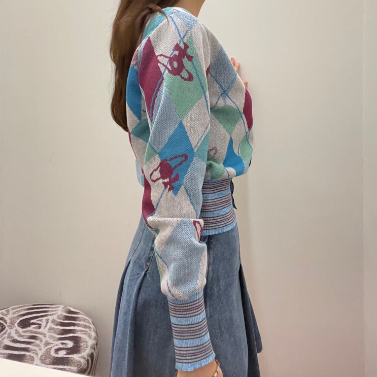  비비안웨스트우드 가디건 앵글로매니아 아가일 V넥 니트 데님 플리츠 스커트 XS사이즈 후기 Vivienne Westwood