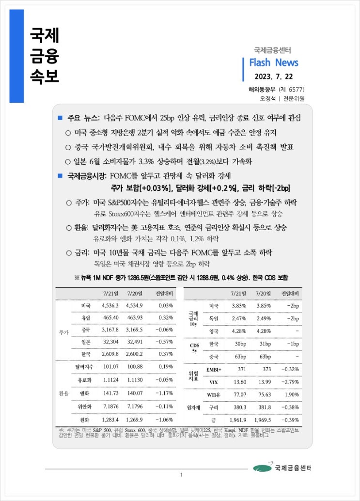  [7.22] 다음주 FOMC에서 25bp 인상 유력, 금리인상 종료 신호 여부에 관심, 국제금융속보