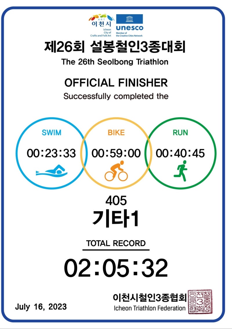 [전체1위] 2023년 설봉철인3종대회 경기 후기
