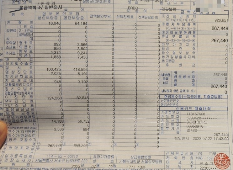  23년 7월 서울성모병원 응급실 방문/뇌수막염 의심증상,신속항원 검사,비용/뇌동맥류 시술 결과 조영제 투여 CT확인/대리처방 요건 및 구비서류/지하 푸드코트 공차,스쿨푸드 운영시간