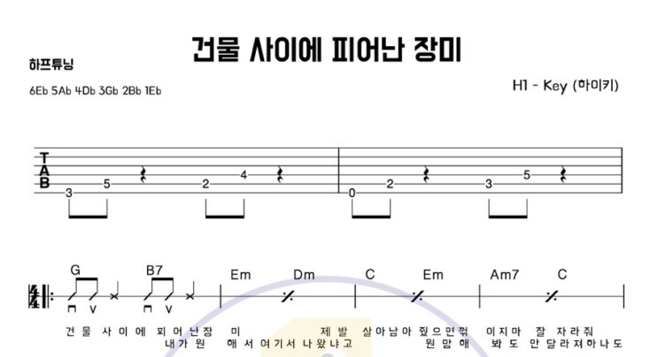  용기와 위로가 필요할 때 좋은 노래 [ 건물 사이에 피어난 장미 - H1-KEY 하이키 ] 쉬운 기타 코드 악보