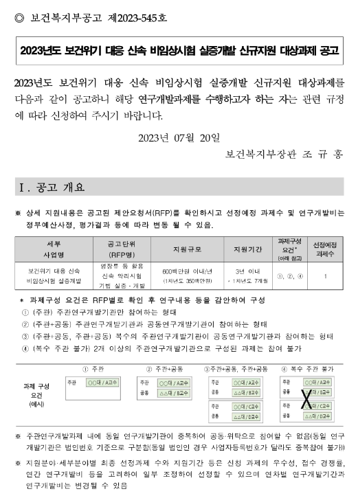 2023년 보건위기 대응 신속 비임상시험 실증개발 신규지원 대상과제 공고 2023년 보건위기 대응 신속 비임상시험 실증개발 신규지원 대상과제 공고