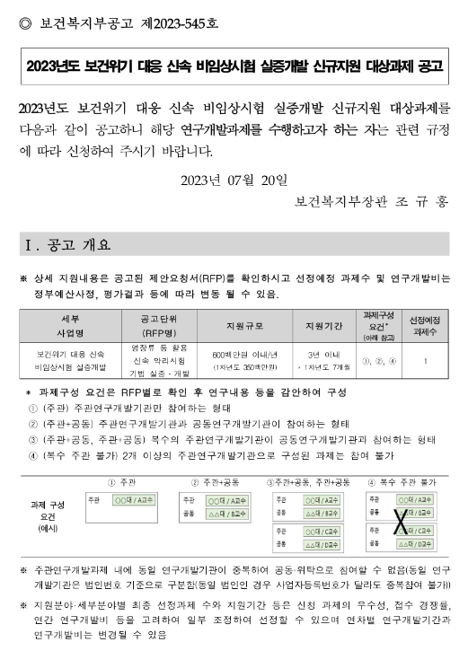 2023년 보건위기 대응 신속 비임상시험 실증개발 신규지원 대상과제 공고