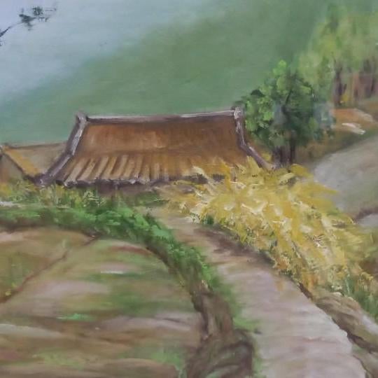  "정겨운 옛길 그리고 초가집 유화그림  "고서적 고가구 고미술전문 코드앤티크