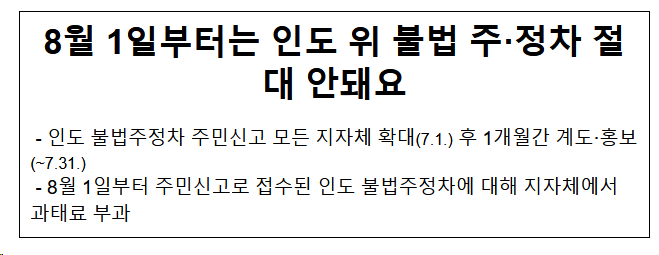 8월 1일부터는 인도 위 불법 주·정차 절대 안돼요 8월 1일부터는 인도 위 불법 주·정차 절대 안돼요