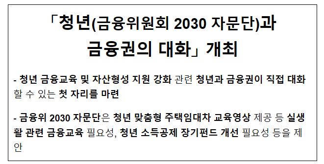 「청년(금융위원회 2030 자문단)과 금융권의 대화」 개최 「청년(금융위원회 2030 자문단)과 금융권의 대화」 개최