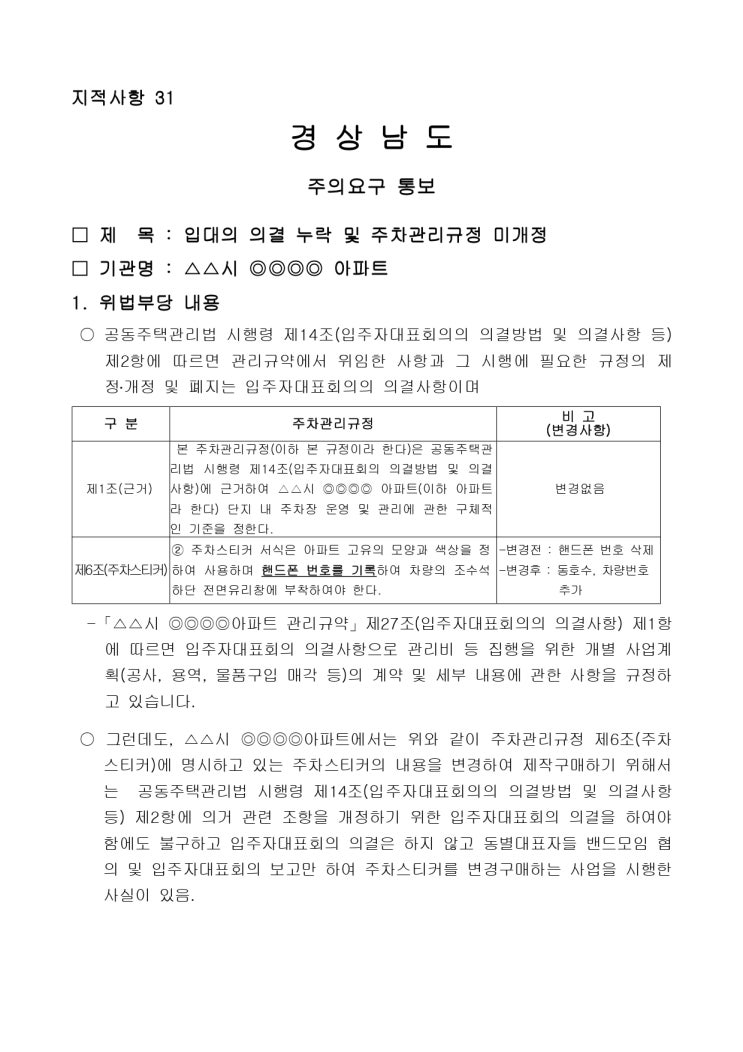   입대의 의결 누락 및 주차관리규정 미개정