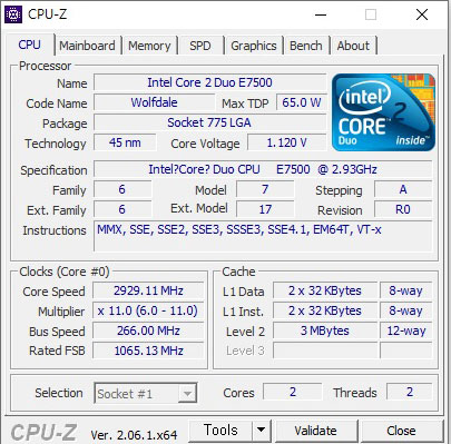  인텔 코어2듀오 E7500 펜티엄 CPU-Z