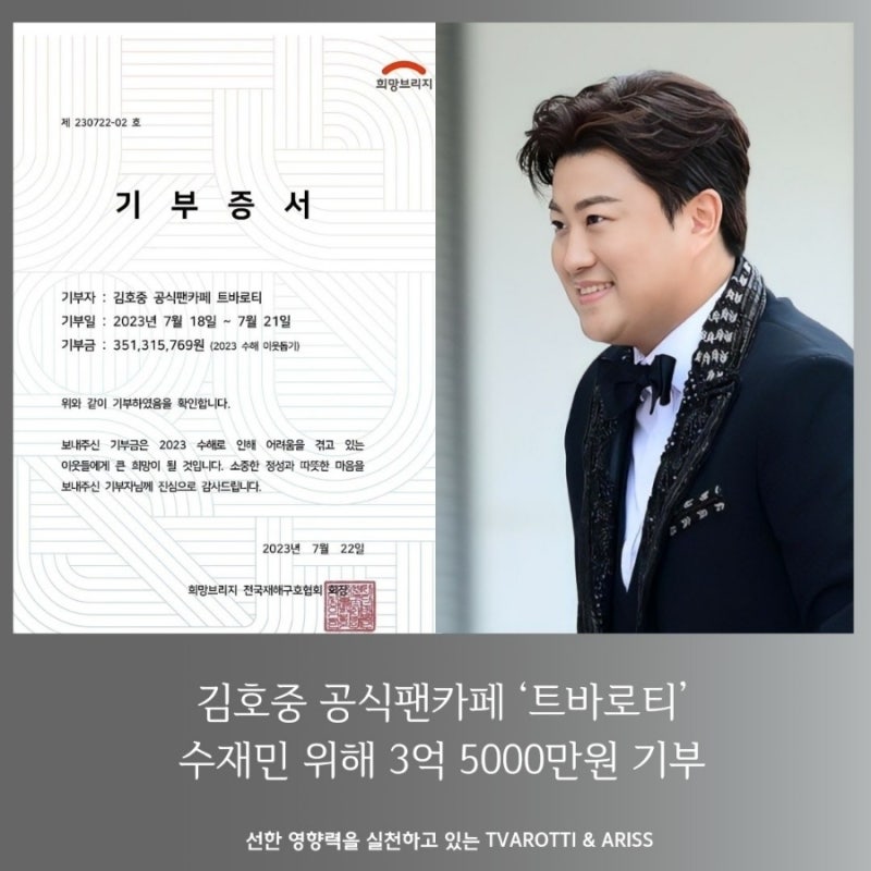 김호중 팬덤 '아리스' 수재민 위해 3억 5천만 원 기부