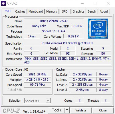  인텔 7세대 셀러론 g3930 cpu-z 카비레이크