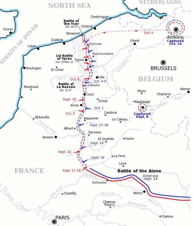 참호전의 시작 - 바다로의 경주, 제 1차 이프르 전투, 상파뉴 전투