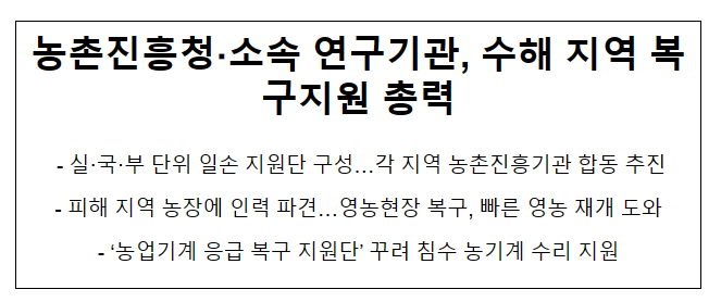 농촌진흥청·소속 연구기관, 수해 지역 복구지원 총력