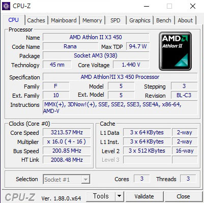 AMD 라나450 CPU-Z 애슬론II X3 450