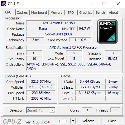  AMD 라나450 CPU-Z 애슬론II X3 450