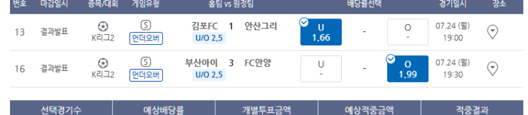 프로토 7/24일 월요일 K리그2 2경기 적중