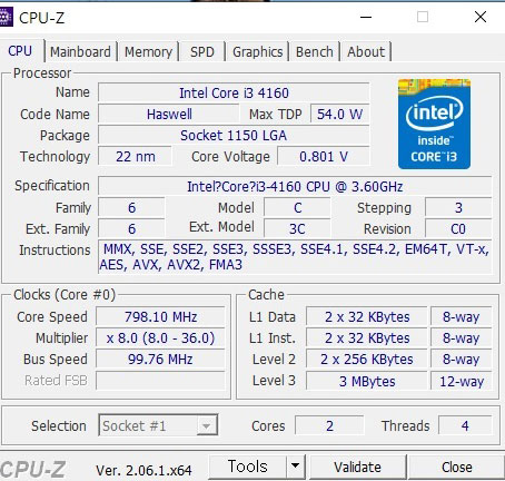 인텔 코어 i3-4160 프로세서 CPU-Z 4세대 I3