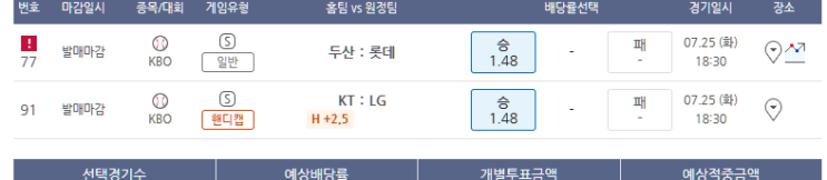 프로토 7/25일 KBO 프로야구 2경기 적중 프로토 7/25일 KBO 프로야구 2경기 적중