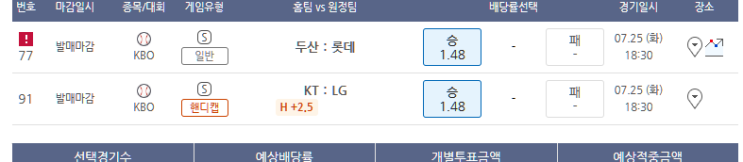 프로토 7/25일 KBO 프로야구 2경기 적중