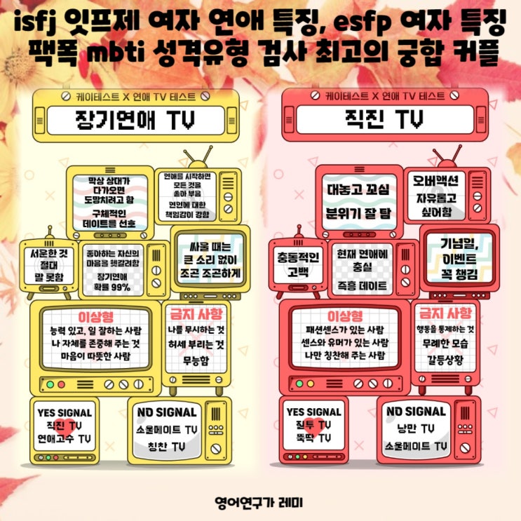 isfj 잇프제 여자 연애 특징, esfp 여자 특징 팩폭 mbti 성격유형 검사 최고의 궁합 커플