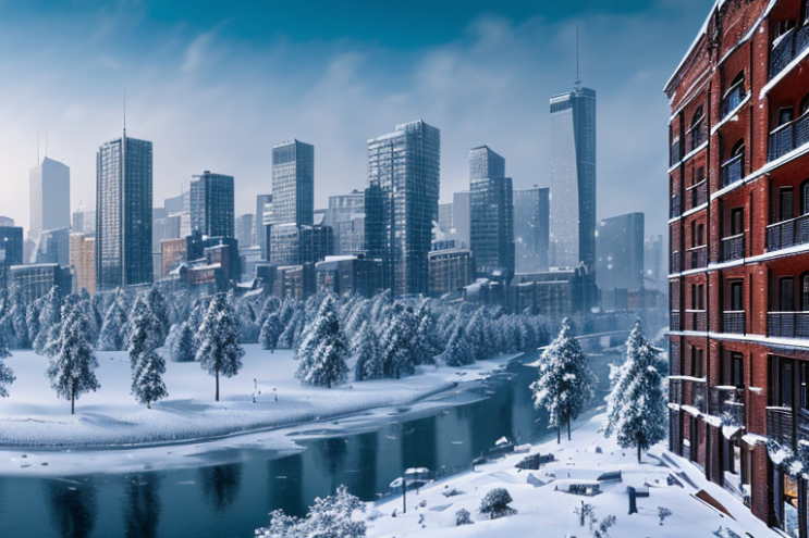 [Ai Greem] 배경_전경 193: 상업적으로 사용 가능한 겨울철 눈이 내린 도시 전경 무료 이미지 일러스트 썸네일