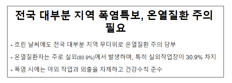 전국 대부분 지역 폭염특보, 온열질환 주의 필요(7.26.) 전국 대부분 지역 폭염특보, 온열질환 주의 필요(7.26.)