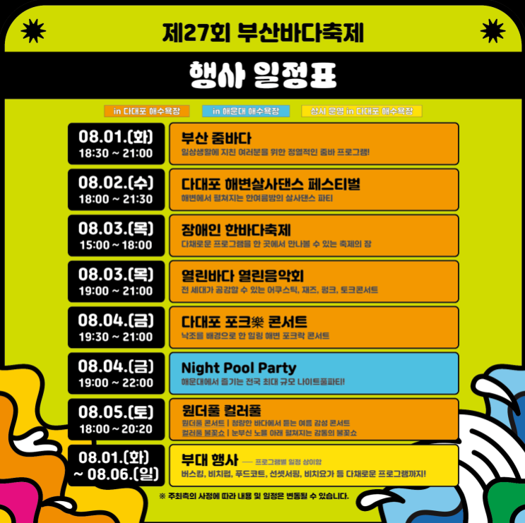  제27회 부산바다축제 (부산) 8월1일(화)~ 8월 6일(일) 6일간 해운대 해수욕장