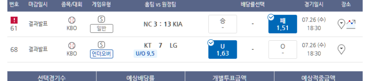 프로토 7/26일 KBO 프로야구 3경기 올킬 적중 프로토 7/26일 KBO 프로야구 3경기 올킬 적중